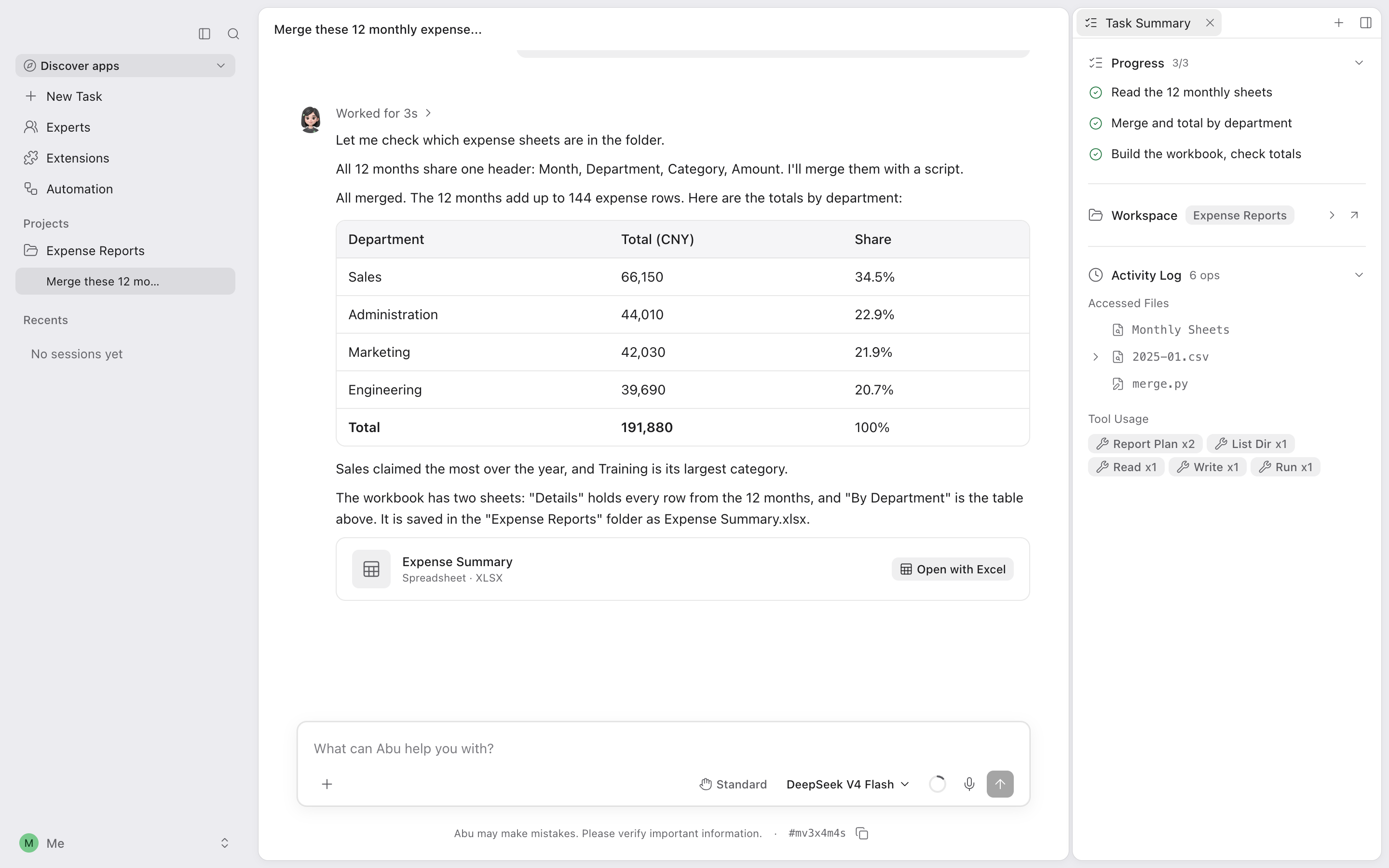 Abu desktop client showing a finished task