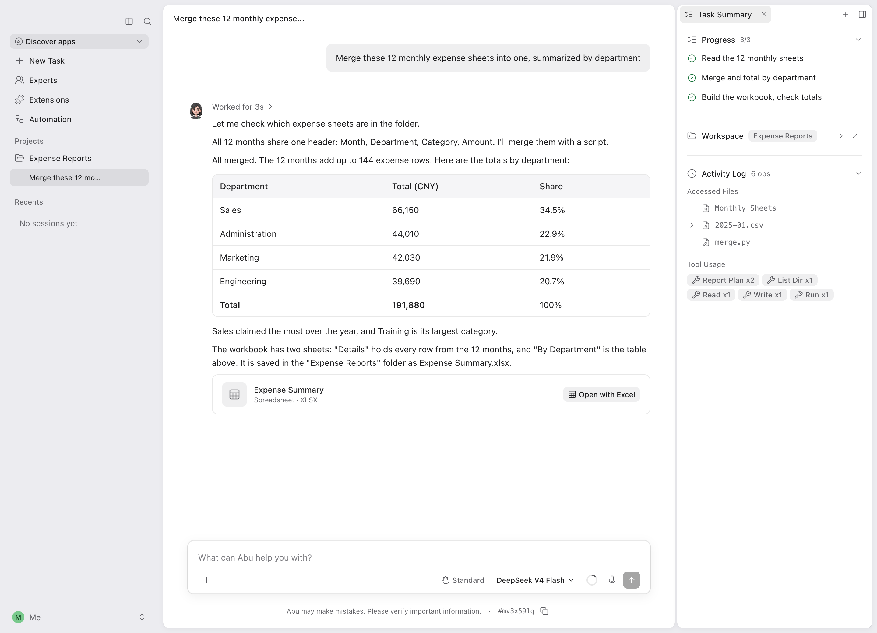 Abu desktop app showing a finished task: the task list on the left, the user's request, the result table and the generated file in the middle, the task summary on the right