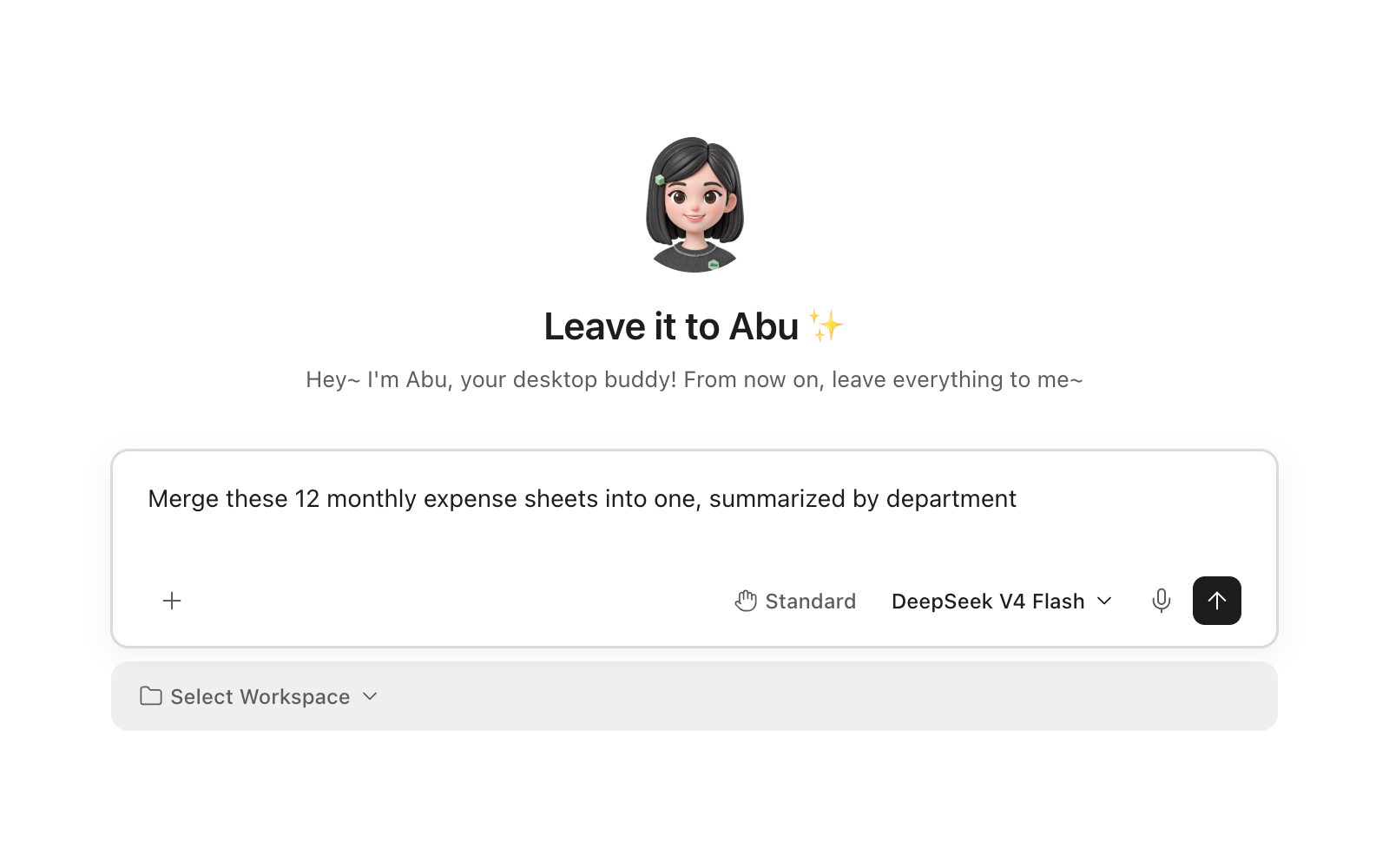 Abu's new-task page: the input box holds one sentence asking to merge 12 months of expense sheets into one, totalled by department