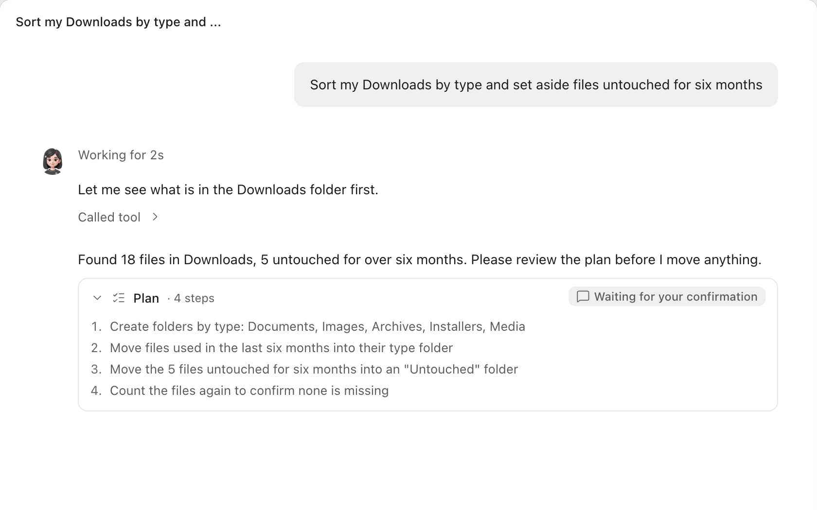 The expanded plan in the conversation: the user asks to tidy the Downloads folder and Abu lists four steps that wait for confirmation