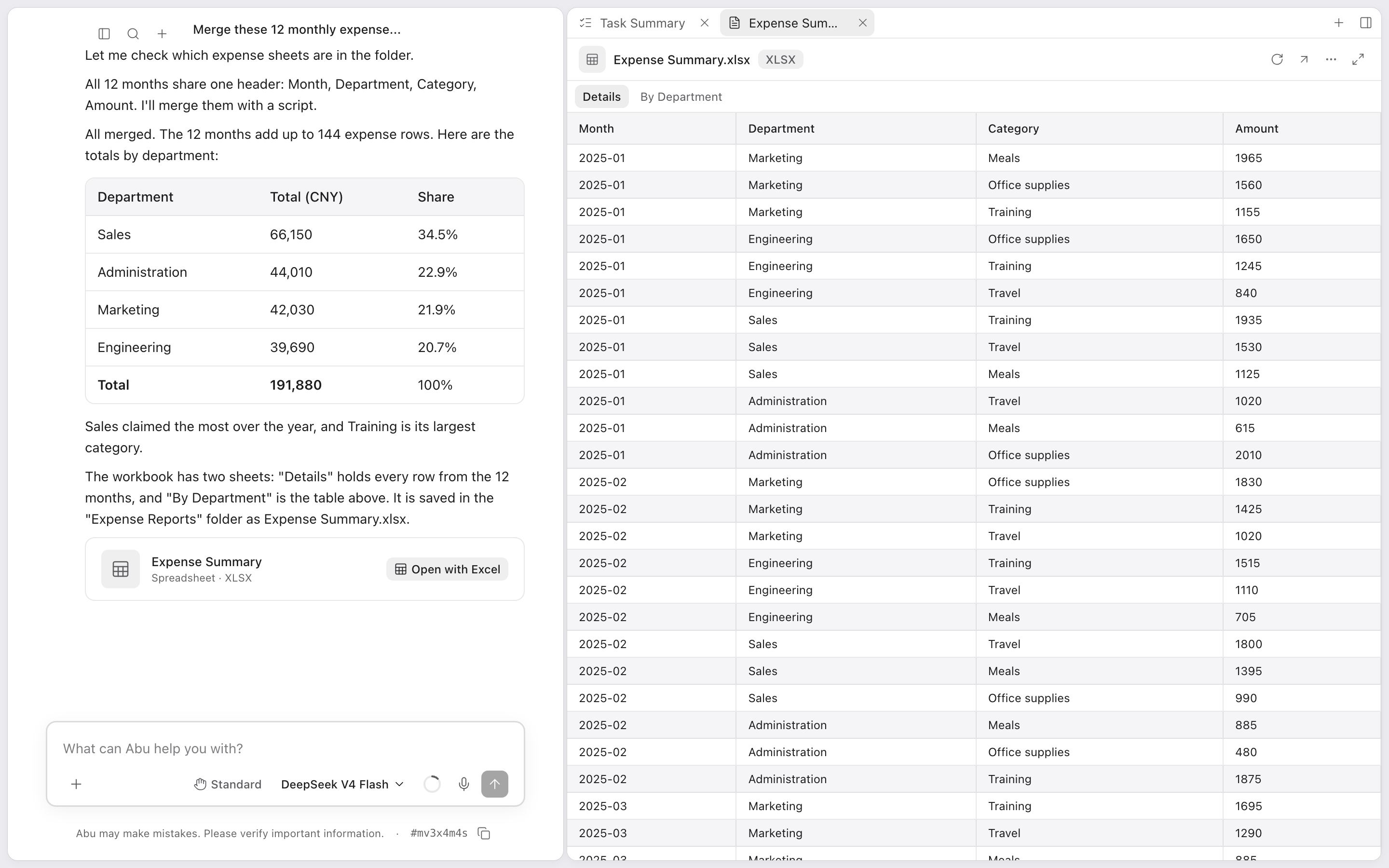 Abu's whole window: the result table and the file card for the expense summary in the conversation on the left, the spreadsheet open in a preview on the right
